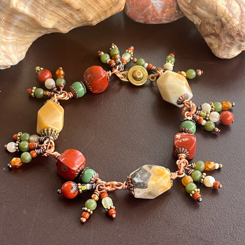 Boho Gemstone Bracelet, Jasper, Agate, Turquoise Jewelry, Handcrafted Wire Wrap - Picture 2 of 9